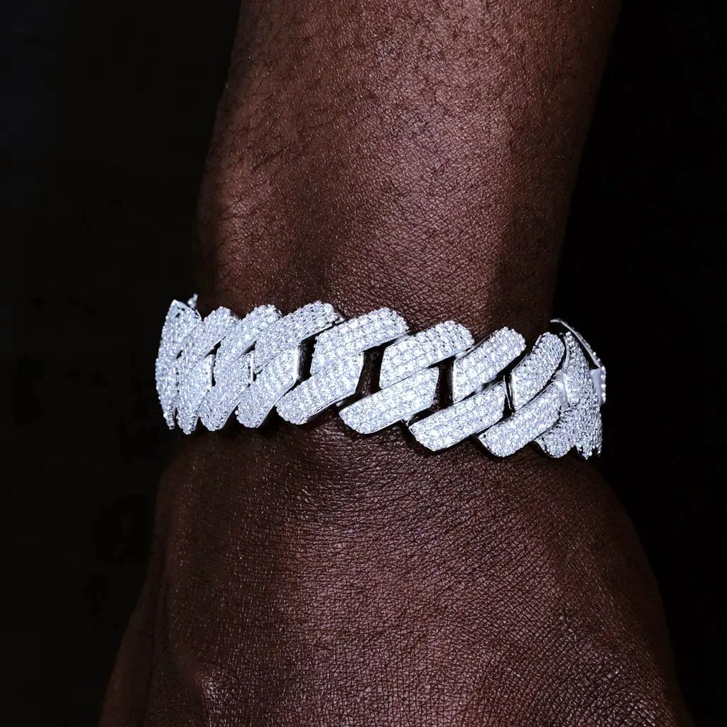 19mm Full Iced Out Prong Cuban Link Bracelet in 18K White Gold Plated Solid Copper, Fully Iced Clasp Design, Hand Set Prong Lifted Flawless VVS Lab Tested Simulated Diamonds, Heavy Thick Hip Hop Statement Jewelry For Men And Women, Tarnish Resistant Long Lasting Icy Shine Streetwear Wrist Bracelet RDRIP JEWELRY
