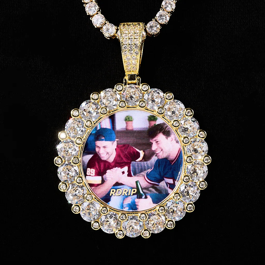 Round Big Stone Halo Custom Photo Pendant Necklace