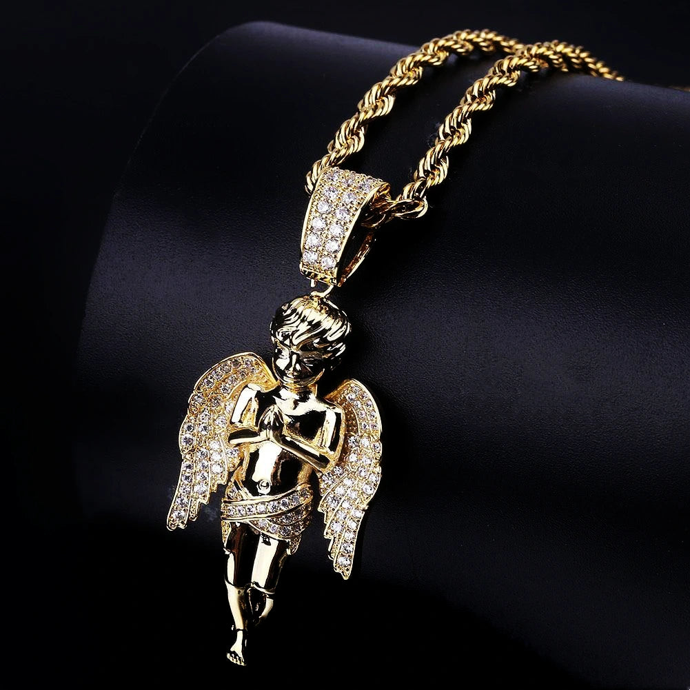 21mm praying cherub angel pendant 18k gold plated close up detail shot iced aaa cz wings bail praying baby angel paired with gold rope chain hip hop bling men jewelry RDRIP JEWELRY
