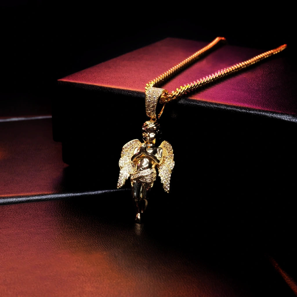 21mm praying cherub angel pendant 18k gold plated iced out aaa cz bling praying baby angel hip hop rapper necklace displayed with cuban chain luxury streetwear jewelry RDRIP JEWELRY
