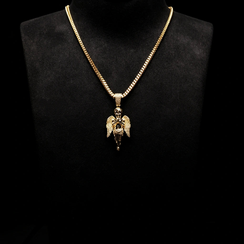 21mm praying cherub angel pendant 18k gold plated iced aaa cz baby angel necklace displayed on black mannequin bust with cuban link chain hip hop rapper street fashion jewelry RDRIP JEWELRY
