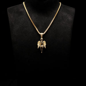 21mm praying cherub angel pendant 18k gold plated iced aaa cz baby angel necklace displayed on black mannequin bust with cuban link chain hip hop rapper street fashion jewelry RDRIP JEWELRY
