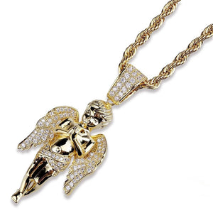21mm praying cherub angel pendant 18k gold plated iced aaa cz wing details angle view paired with gold rope chain plain white background hip hop bling angel charm men street jewelry RDRIP JEWELRY

