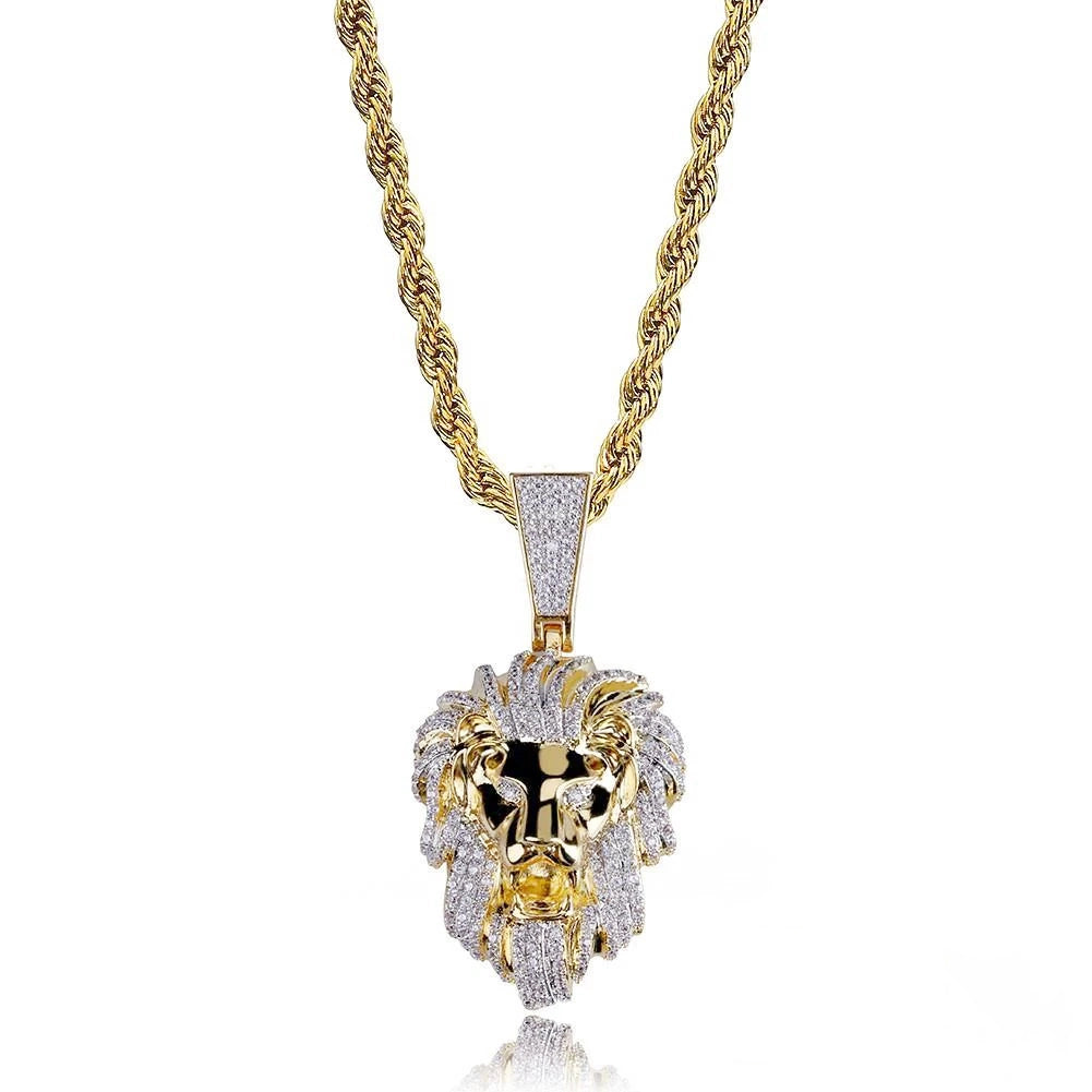 23mm gold plated micro paved vvs simulated diamond lion head pendant complete set with gold rope chain necklace reflective studio display shot iced out hip hop rapper mens jewelry RDRIP JEWELRY
