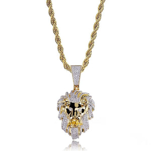 23mm gold plated micro paved vvs simulated diamond lion head pendant complete set with gold rope chain necklace reflective studio display shot iced out hip hop rapper mens jewelry RDRIP JEWELRY
