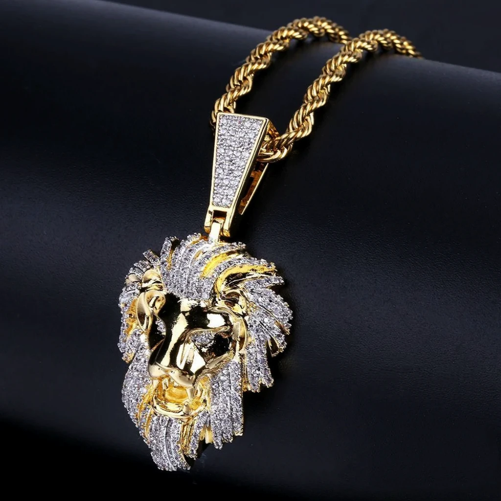 23Mm gold plated micro paved zircon lion head pendant iced out simulated vvs diamond men hip hop rapper jewelry rope chain necklace RDRIP JEWELRY
