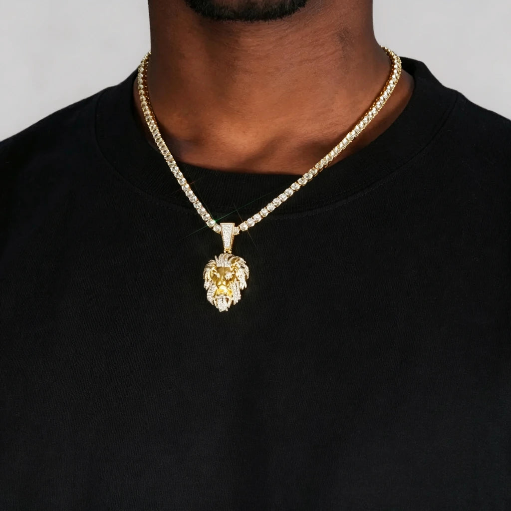 23mm gold plated micro paved vvs simulated diamond lion head pendant men model wearing shot with tennis chain iced out hip hop rapper street style necklace RDRIP JEWELRY
