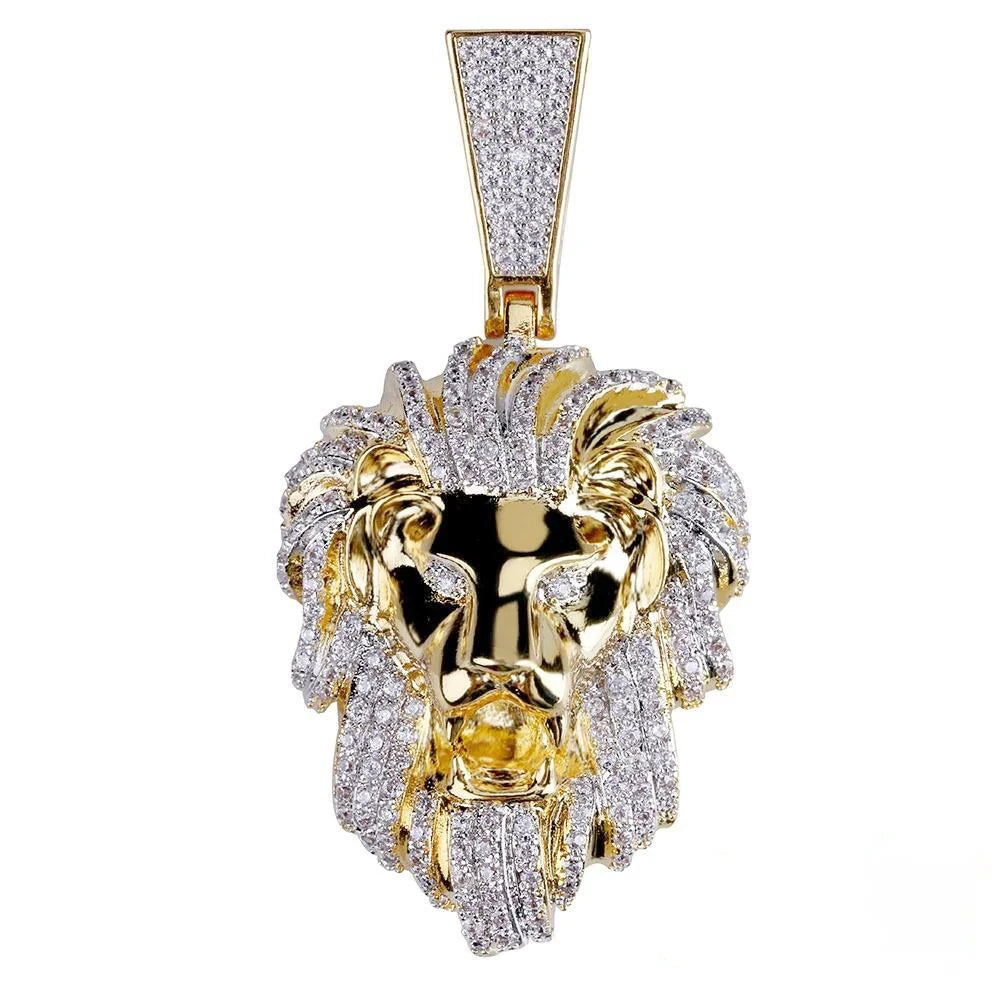 23mm gold plated micro paved vvs simulated diamond roaring lion head pendant front shot isolated on white background iced out mens hip hop street wear pendant jewelry RDRIP JEWELRY
