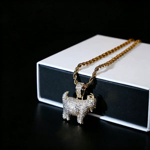 29mm Full Micro Paved Iced‑Out GOAT Pendant laid over luxury gift box packaging, fully micro paved VVS simulated diamond goat hip hop charm paired with 18k gold rope chain, premium street rapper jewelry unboxing scene, RDRIP JEWELRY SINCE 2016
