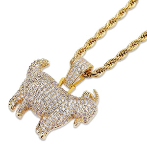 29mm Full Micro Paved Iced‑Out GOAT Pendant gold tone diagonal angled lifestyle shot, fully micro paved VVS simulated diamond goat charm paired with gold rope chain, slanted overhead view showing fine stone pavé details, luxury icy hip hop street rapper jewelry on clean white background, RDRIP JEWELRY SINCE 2016
