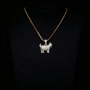 29mm Full Micro Paved Iced‑Out GOAT Pendant displayed on black jewelry bust, fully micro paved vvs simulated diamond goat hip hop necklace, 18k gold plated cuban chain, iconic greatest of all time street rapper jewelry, RDRIP JEWELRY SINCE 2016
