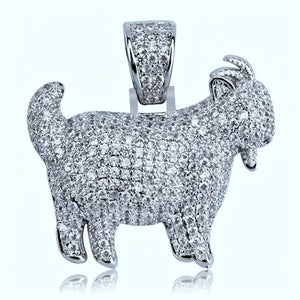 29mm Full Micro Paved Iced‑Out GOAT Pendant silver tone isolated closeup without chain, fully micro paved VVS simulated diamond goat charm only, clean white background product view showing detailed stone pavé setting, icy hip hop rapper pendant jewelry, RDRIP JEWELRY SINCE 2016
