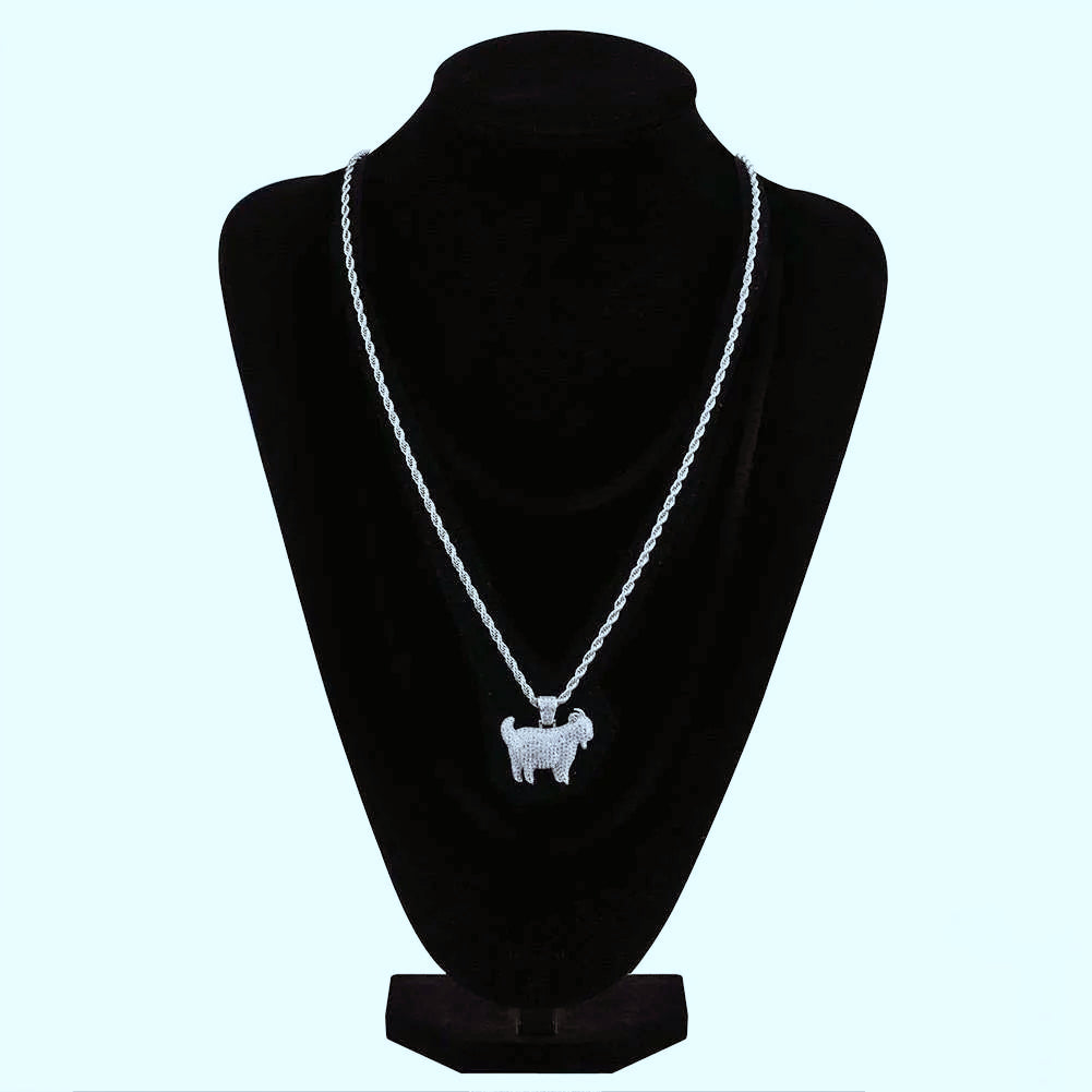 29mm Full Micro Paved Iced‑Out GOAT Pendant silver tone displayed on black jewelry bust, fully micro paved VVS simulated diamond goat hip hop necklace with silver rope chain, mannequin bust presentation for icy street rapper jewelry, RDRIP JEWELRY SINCE 2016
