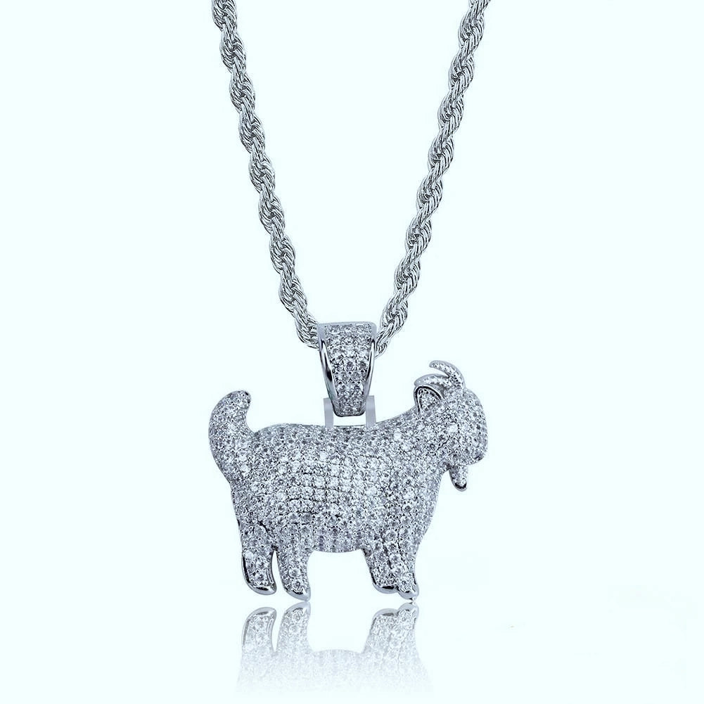 29mm Full Micro Paved Iced‑Out GOAT Pendant silver tone full necklace shot on clean white background, fully micro paved VVS simulated diamond goat charm assembled with silver rope chain, subtle surface reflection below pendant, icy hip hop street culture rapper jewelry product view, RDRIP JEWELRY SINCE 2016
