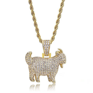 29mm Full Micro Paved Iced‑Out GOAT Pendant main product shot on clean white background, fully micro paved VVS simulated diamond goat hip hop pendant with 18k gold rope chain, greatest of all time street culture rapper jewelry with subtle bottom reflection, RDRIP JEWELRY SINCE 2016
