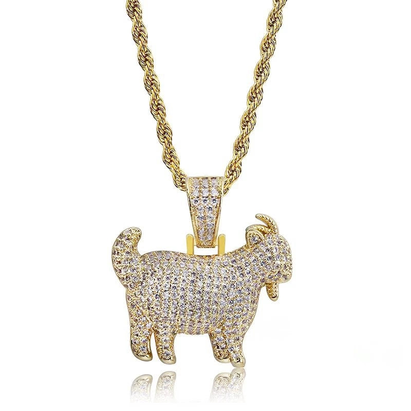 29mm Full Micro Paved Iced‑Out GOAT Pendant main product shot on clean white background, fully micro paved VVS simulated diamond goat hip hop pendant with 18k gold rope chain, greatest of all time street culture rapper jewelry with subtle bottom reflection, RDRIP JEWELRY SINCE 2016
