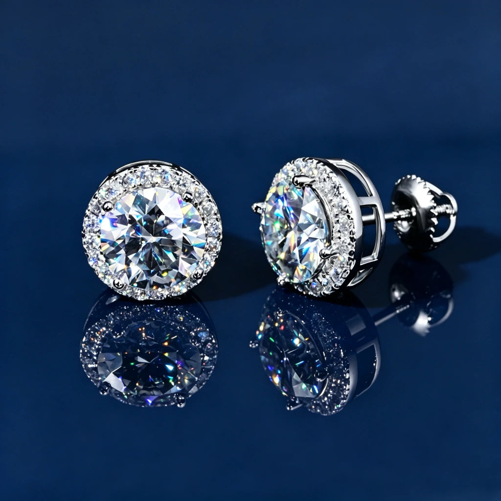 2 Carat Round Halo Moissanite Stud Earrings, Open Back 4-Prong Setting VVS1 D-E Color Hearts and Arrows Ideal Cut 925 Sterling Silver Iced Out Halo Studs for Men Women Hip Hop Luxury Jewelry RDRIP JEWELRY