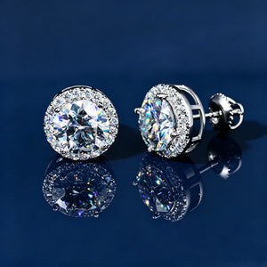 2 Carat Round Halo Moissanite Stud Earrings, Open Back 4-Prong Setting VVS1 D-E Color Hearts and Arrows Ideal Cut 925 Sterling Silver Iced Out Halo Studs for Men Women Hip Hop Luxury Jewelry RDRIP JEWELRY