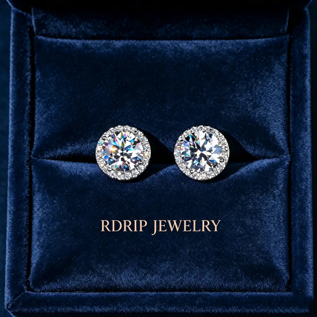 2 Carat Round Halo Moissanite Stud Earrings, VVS1 D-E Color Hearts and Arrows Ideal Cut 925 Sterling Silver Iced Out Halo Studs for Men Women Luxury Hip Hop Jewelry RDRIP JEWELRY
