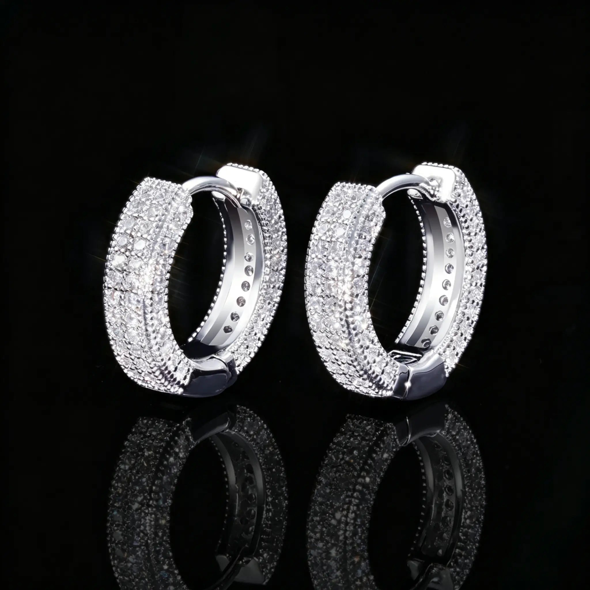 3-Row Micro Pave Huggie Hoop Earrings, White Gold Plated Iced Out VVS Simulated Diamond Huggie Hoops Hip Hop Unisex Jewelry RDRIP JEWELRY
