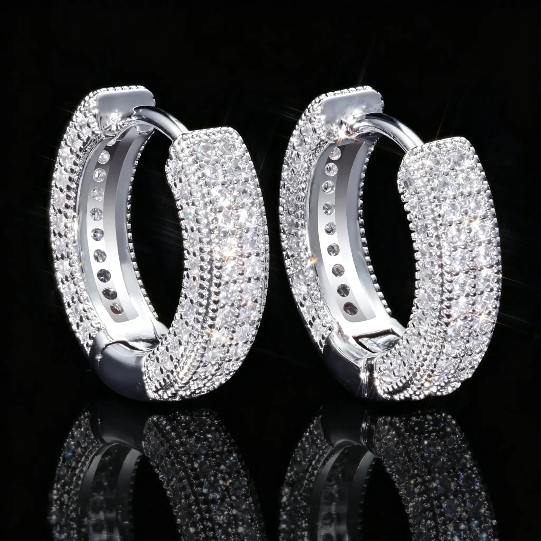 3-Row Micro Pave Huggie Hoop Earrings, White Gold Plated Iced Out VVS Simulated Diamond Huggie Hoops Hip Hop Unisex Jewelry RDRIP JEWELRY

