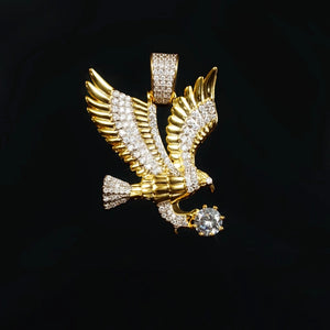 33mm Iced Victory Eagle Pendant gold plated micro pave cubic zirconia hip hop jewelry soaring spread wing eagle charm clutching large round center stone men rapper statement pendant for tennis and cuban chain RDRIP JEWELRY
