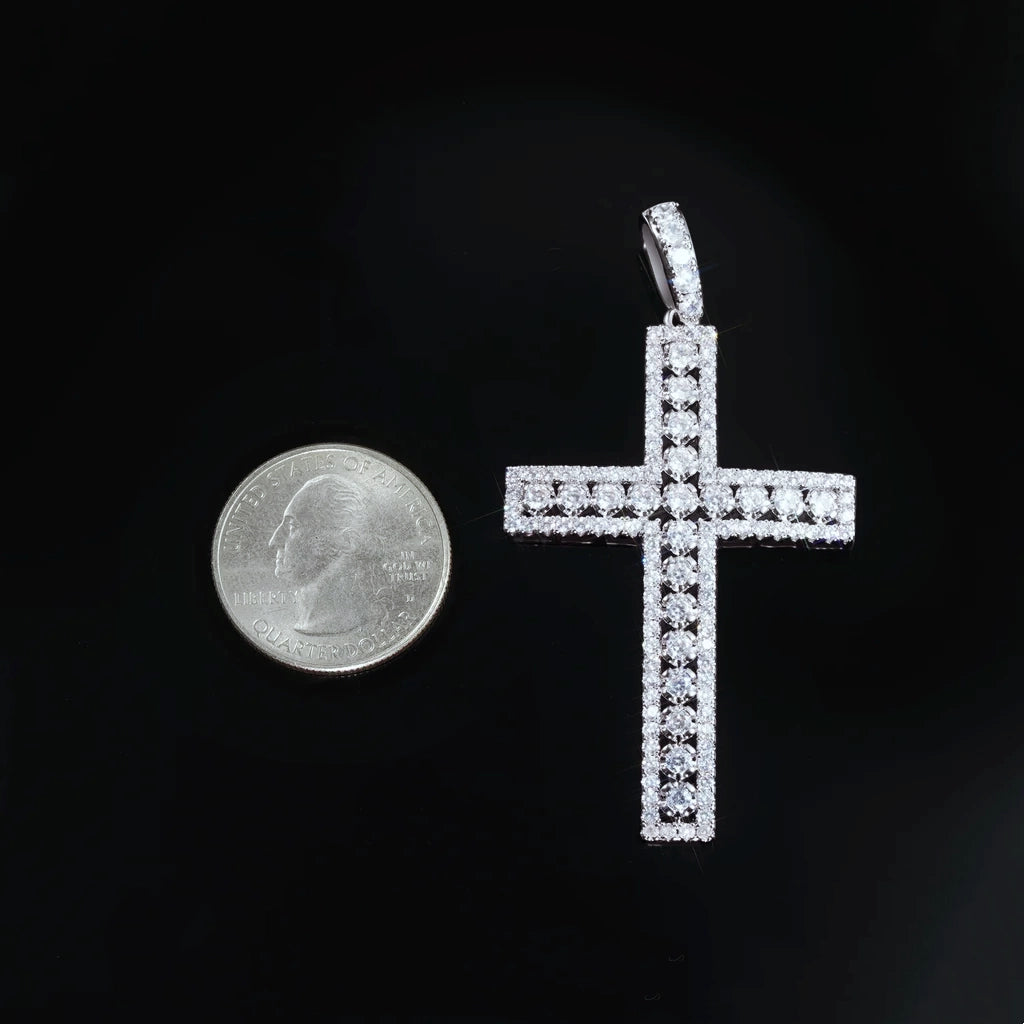 35mm iced white gold plated creed cross pendant next to us quarter coin for size reference, hollow cut‑out fully flooded round cubic zirconia men hip hop religious charm, show actual pendant dimension, fits up to 6mm tennis chain, RDRIP JEWELRY SINCE 2016
