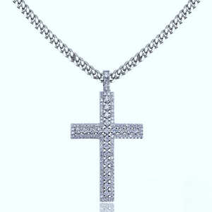 35mm iced white gold plated creed cross pendant displayed with curb chain on clean white background, hollow cut‑out fully flooded round cubic zirconia stones, men hip hop religious cross necklace, studio product shot with subtle mirror reflection, sparkling bling streetwear jewelry, RDRIP JEWELRY SINCE 2016
