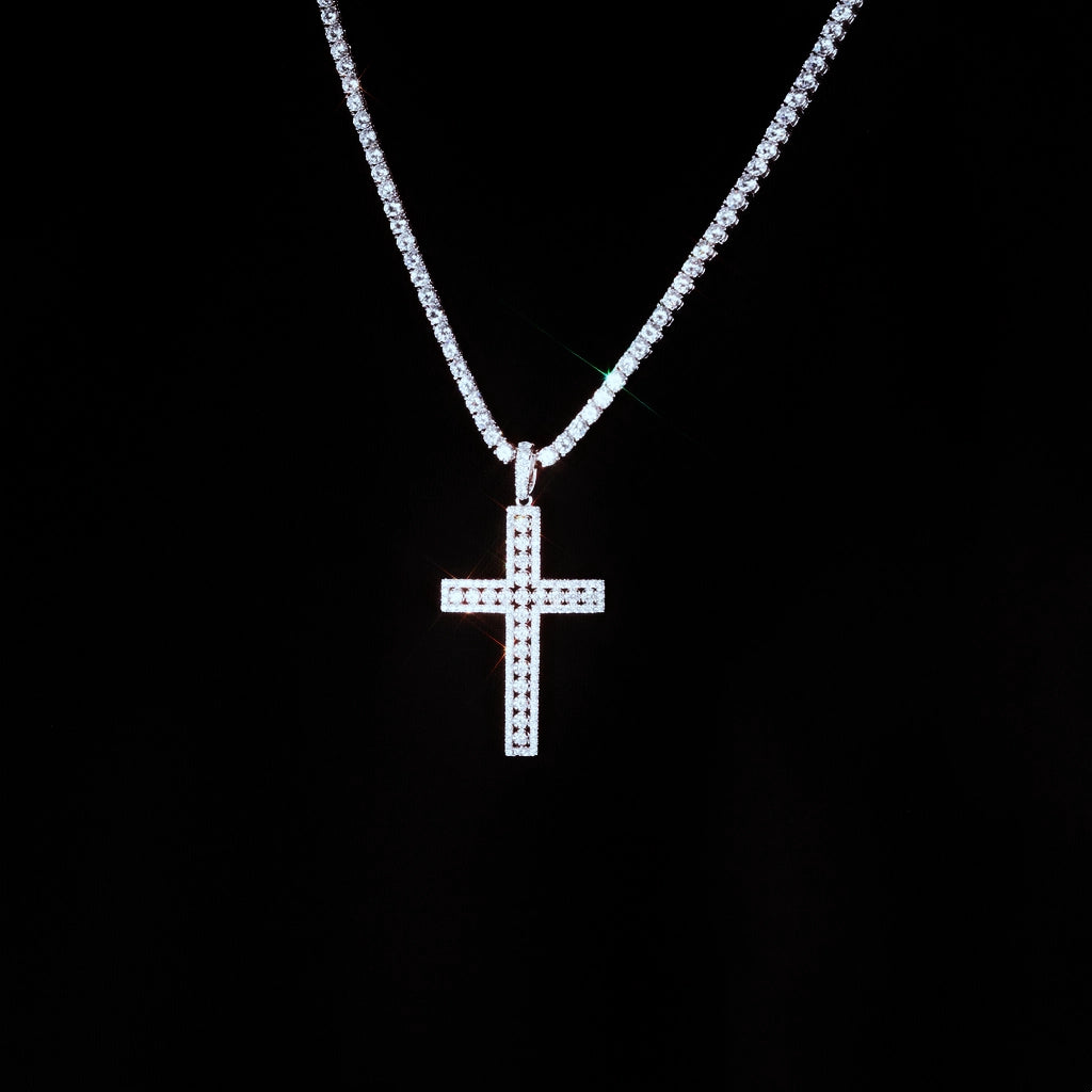 35mm iced white gold plated creed cross pendant styled with tennis chain necklace, hollow cut‑out fully flooded round cubic zirconia stones, men hip hop religious pendant necklace display shot, sparkling bling streetwear jewelry, RDRIP JEWELRY SINCE 2016

