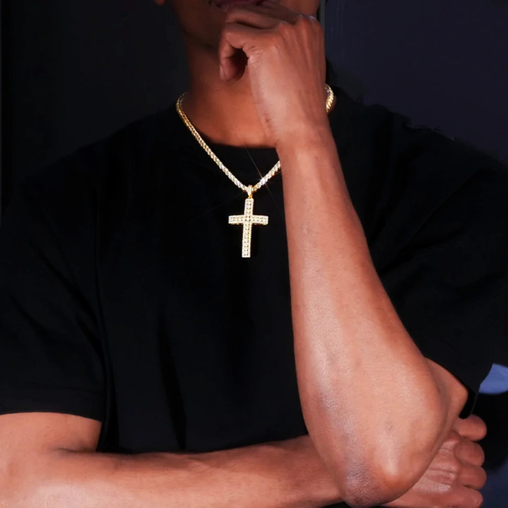 35mm iced yellow gold plated creed cross pendant full upper body model wearing view, hollow cut‑out fully flooded round cubic zirconia cross necklace for men, hip hop streetwear religious jewelry, overall outfit display with gold tennis chain, premium bling street fashion accessory, RDRIP JEWELRY SINCE 2016
