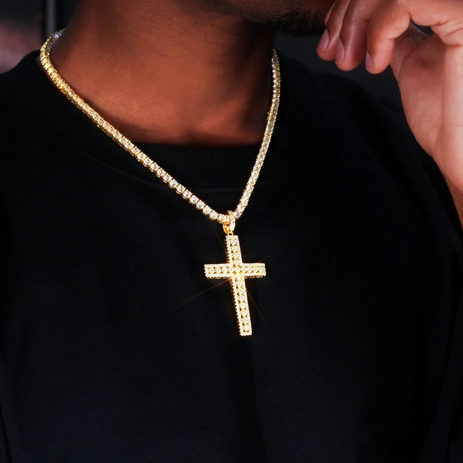 35mm iced yellow gold plated creed cross pendant men model wearing on neck, hollow cut‑out fully flooded round cubic zirconia cross necklace, hip hop street style religious jewelry, real wear effect showcase, sparkling bling cross charm matched with gold tennis chain, RDRIP JEWELRY SINCE 2016
