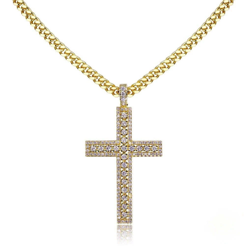 35mm iced yellow gold plated creed cross pendant paired with gold curb chain on clean white studio background, hollow cut‑out fully flooded round cubic zirconia stones, men hip hop religious cross necklace, subtle bottom mirror reflection, premium bling street hip‑hop jewelry product showcase, RDRIP JEWELRY SINCE 2016
