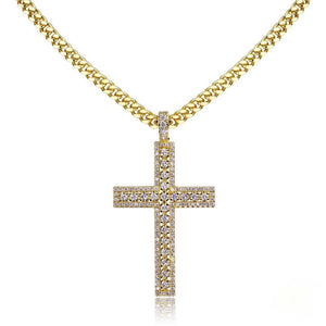 35mm iced yellow gold plated creed cross pendant paired with gold curb chain on clean white studio background, hollow cut‑out fully flooded round cubic zirconia stones, men hip hop religious cross necklace, subtle bottom mirror reflection, premium bling street hip‑hop jewelry product showcase, RDRIP JEWELRY SINCE 2016
