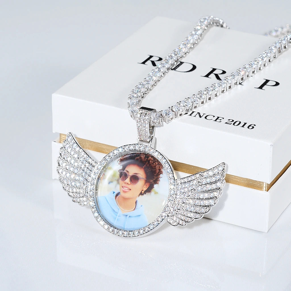 white gold plated 3D Angle Wing Custom Picture Pendant personalized photo necklace with iced tennis chain showcased on official RDRIP jewelry gift box by RDRIP Jewelry