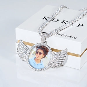 white gold plated 3D Angle Wing Custom Picture Pendant personalized photo necklace with iced tennis chain showcased on official RDRIP jewelry gift box by RDRIP Jewelry