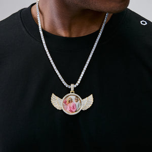 Gold framed 3D Angle Wing Custom Picture Pendant personalized photo hip hop necklace matched with iced tennis chain worn by male model by RDRIP Jewelry