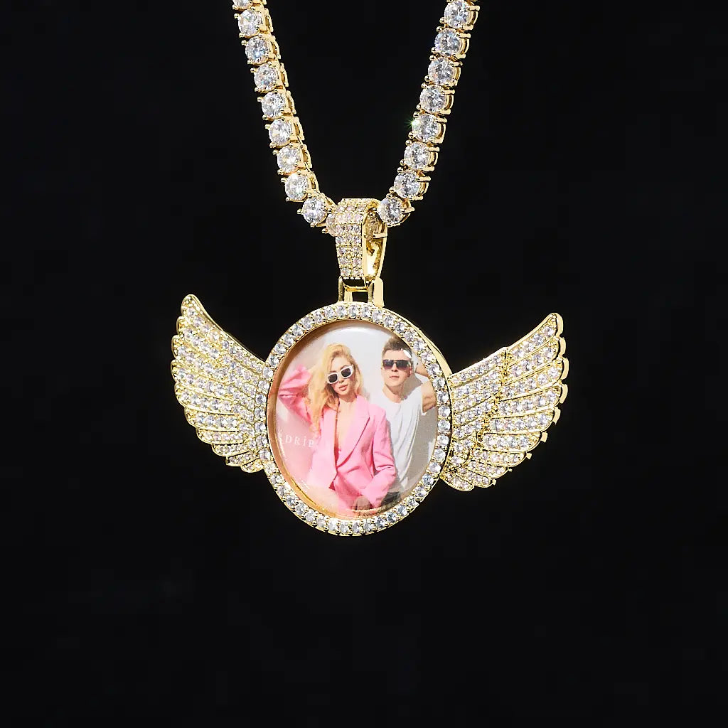 Full front display shot on black background of gold 3D Angle Wing Custom Picture Pendant with full iced tennis chain, customized couple photo hip hop bling pendant necklace, RDRIP Jewelry
