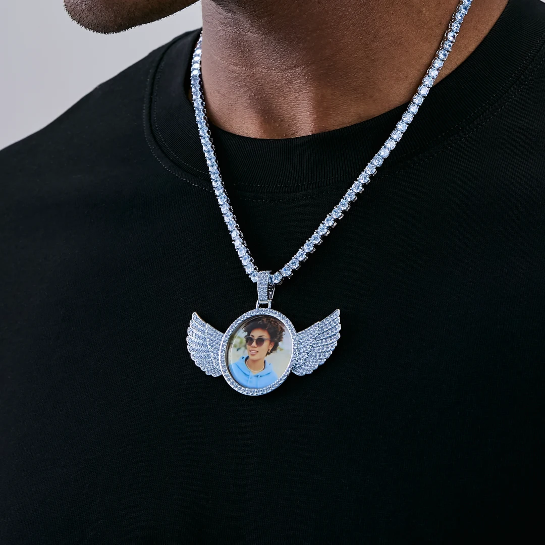 Front close-up of male model wearing 3D Angle Wing Custom Picture Pendant with full iced white gold tennis chain, personalized photo hip hop pendant necklace, RDRIP Jewelry
