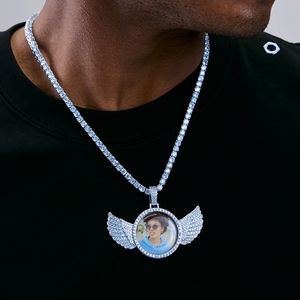 Male model wearing 3D Angle Wing Custom Picture Pendant with full iced white gold tennis chain, personalized photo hip hop necklace close-up, RDRIP Jewelry
