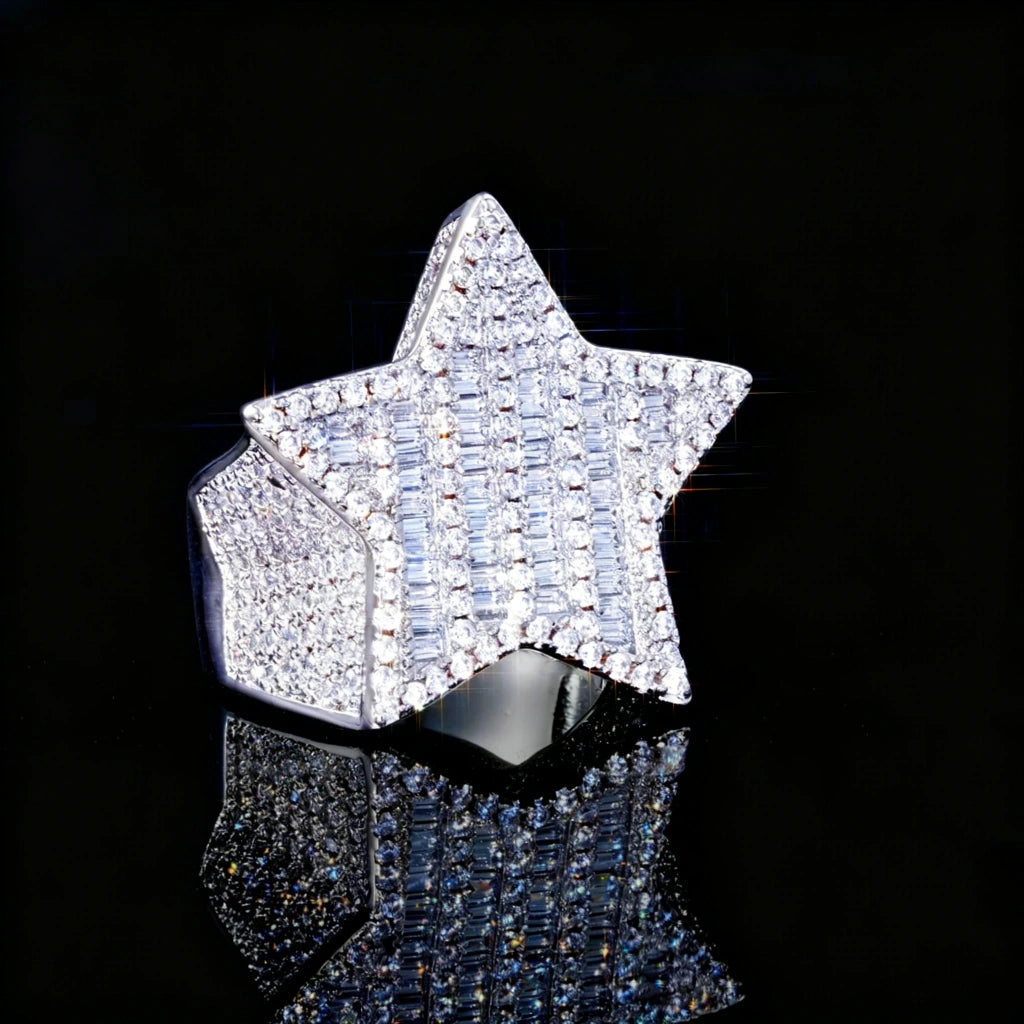 Men heavy 3D micro‑pave pentagram star iced out ring, mixed baguette and round cut AAA cubic zirconia stones, silver tone hip hop rapper statement ring, shot on black reflective mirror background, bling fashion hip‑hop jewelry for men, RDRIP JEWELRY
