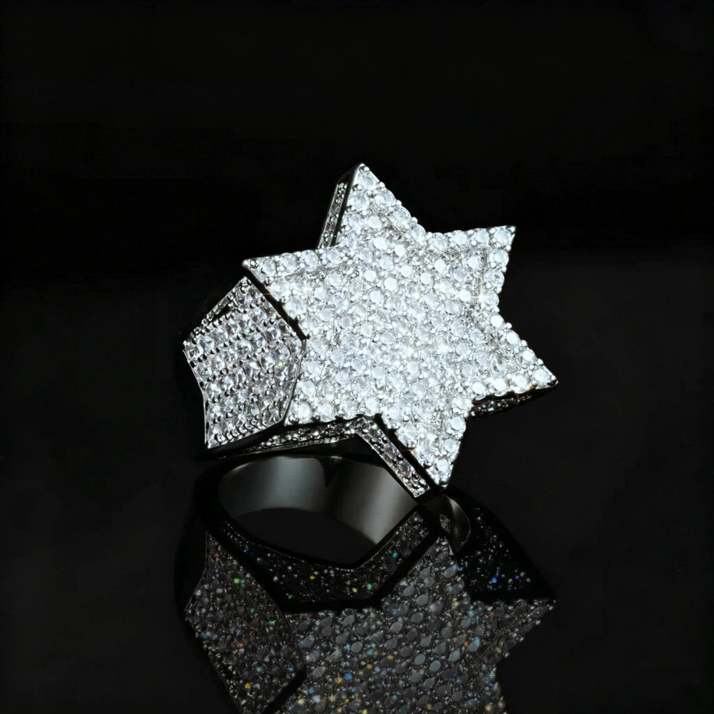 3D iced fully paved star of david franklin ring for men, heavy bling hip hop rapper statement jewelry, hand‑set aaa cubic zirconia stones, 18k gold plated metal, large hexagram star ring shot on black reflective background, icy sparkling mens fashion ring RDRIP JEWELRY
