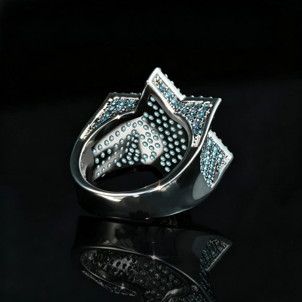 Back inner detail shot of 3D iced two‑tone Star of David Franklin ring for men, close‑up view of inner blue AAA cubic zirconia inlay and polished metal band, hand‑set hip hop bling jewelry, 18k gold plated heavy‑weight hexagram star ring, glossy black reflective background, premium urban rapper statement accessory RDRIP JEWELRY
