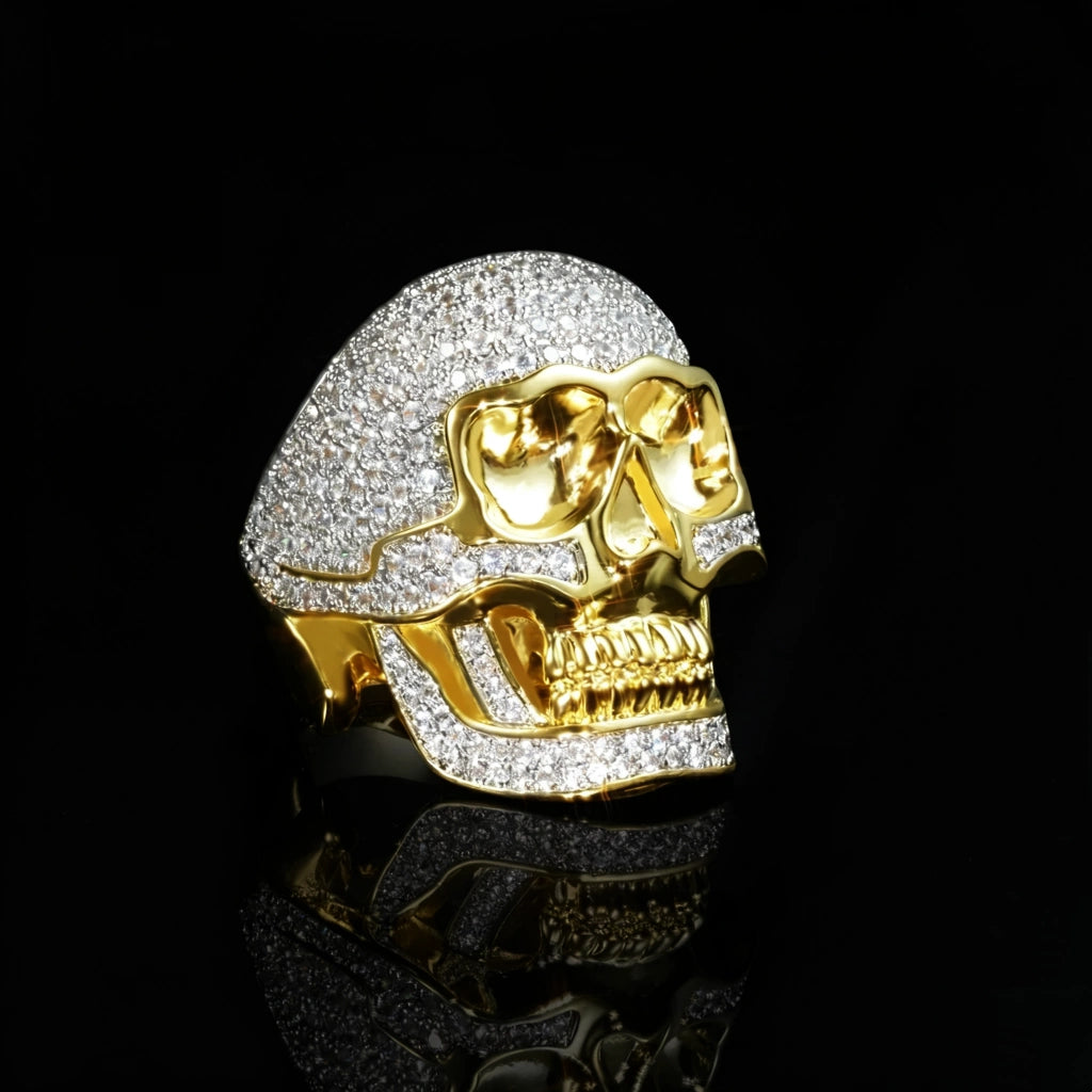 3D two tone iced out skull ring for men, micro pave sparkling cubic zirconia stones, heavy weight hip hop statement ring, 18k gold plated copper base, bold icy fashion jewelry RDRIP JEWELRY

