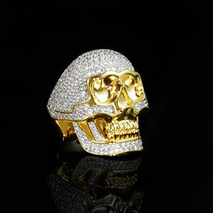 3D two tone iced out skull ring for men, micro pave sparkling cubic zirconia stones, heavy weight hip hop statement ring, 18k gold plated copper base, bold icy fashion jewelry RDRIP JEWELRY

