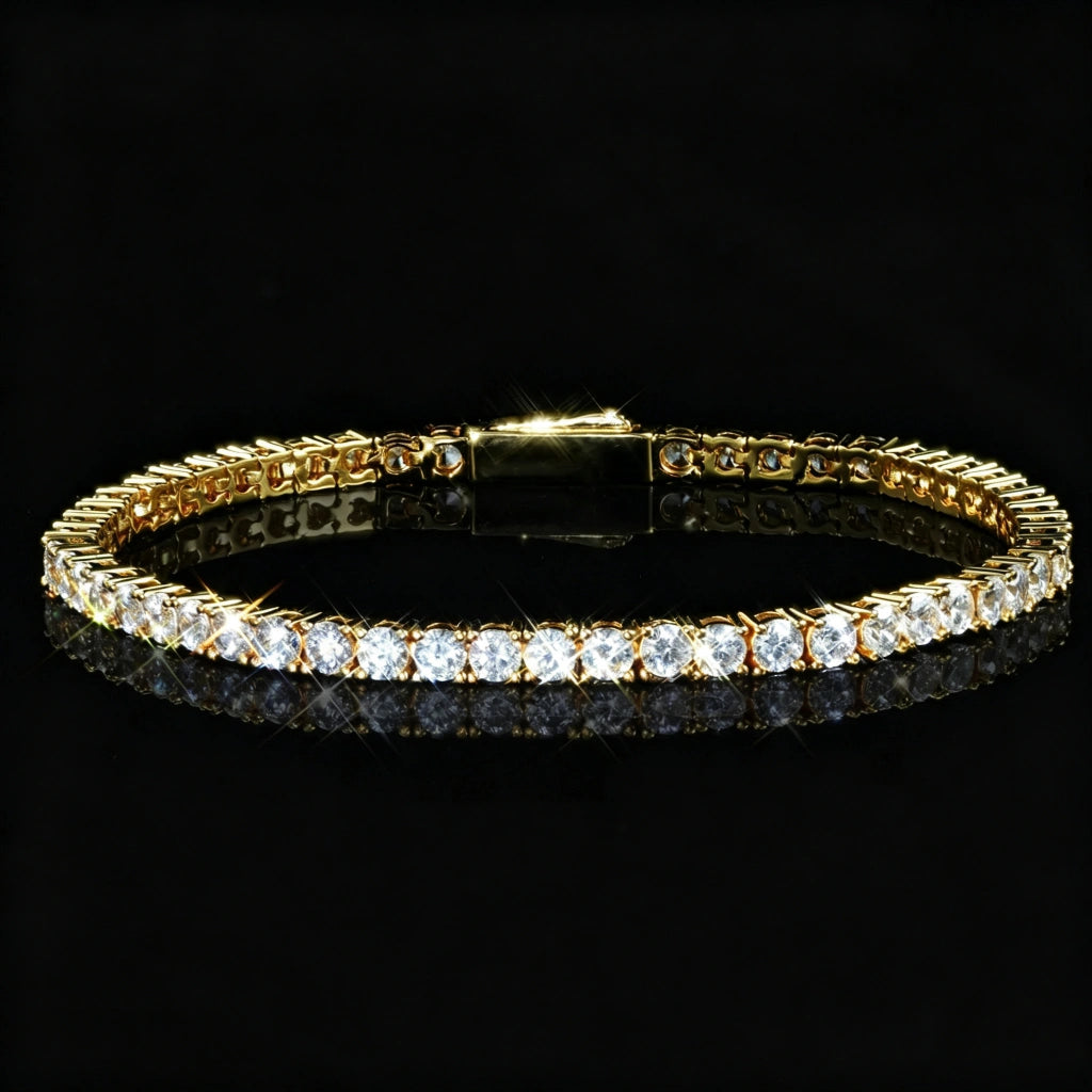 3mm Gold Iced Out Tennis Bracelet, 18K Gold-Plated Cubic Zirconia Simulated Diamond Prong Set Bracelet, Sleek Single Row Bling Hip Hop Jewelry for Men and Women, Sparkling CZ Tennis Bracelet, Durable Daily Wear Fashion Jewelry, RDRIP JEWELRY
