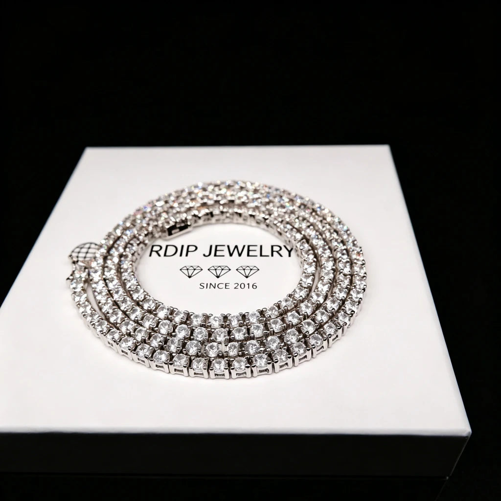 3MM Iced Out Bling 18K Gold‑Plated single row tennis chain necklace, prong‑set flawless VVS CZ simulated diamonds, unisex hip hop bling jewelry coiled on gift box, RDRIP JEWELRY
