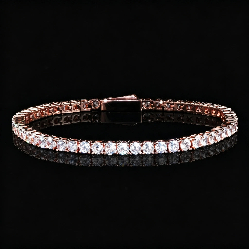 3mm Rose Gold Iced Out Tennis Bracelet, 18K Rose Gold-Plated Cubic Zirconia Simulated Diamond Prong Set Bracelet, Sleek Single Row Bling Hip Hop Jewelry for Men and Women, Sparkling CZ Tennis Bracelet, Durable Daily Wear Fashion Jewelry, RDRIP JEWELRY

