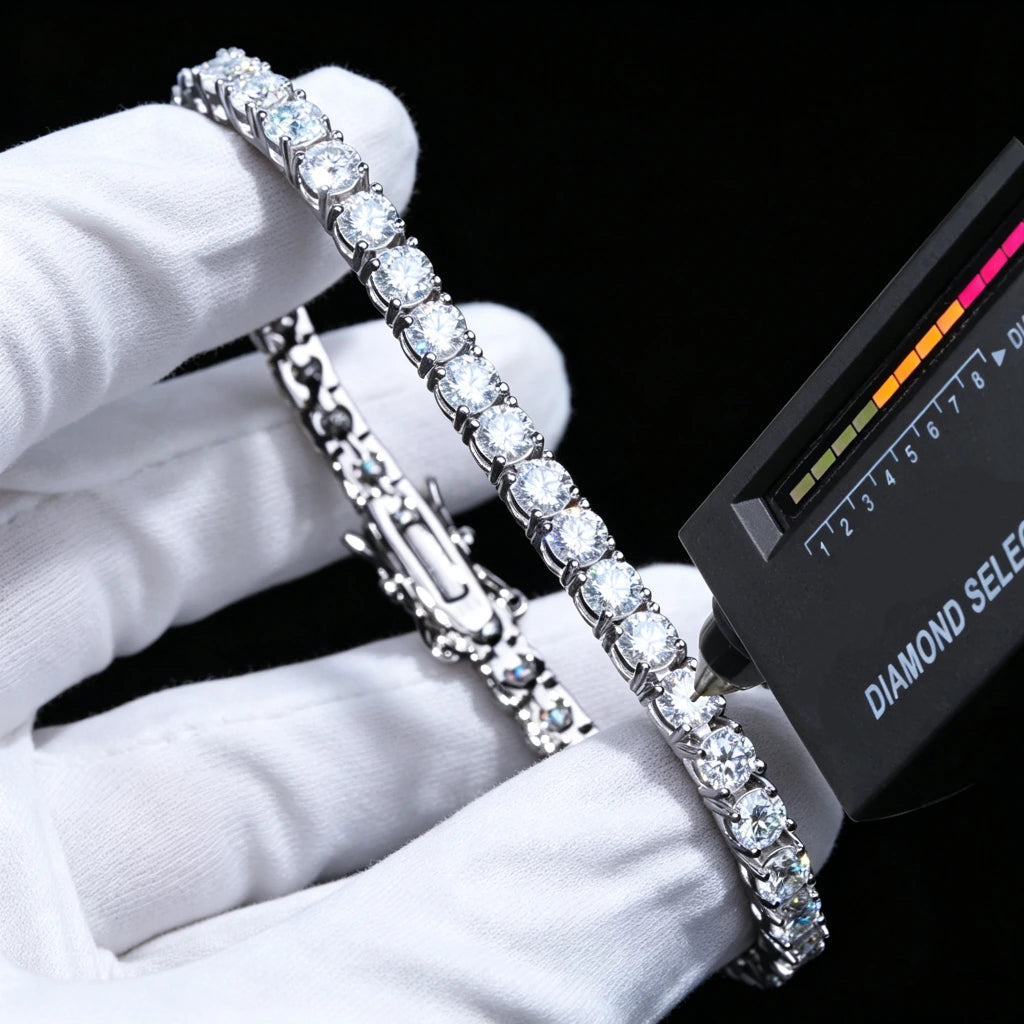 Professional studio test photo of 4mm round D color VVS1 clarity moissanite tennis bracelet with thick 18K white gold plating on solid S925 sterling silver base, each flawless moissanite gem hand prong-set with brilliant rainbow fire sparkle, held by clean soft white cotton jewelry gloves on solid pure black background, handheld diamond selector tester touching stone to verify diamond passing performance, full visible double safety clasp structure, unisex icy hip hop iced out luxury wrist chain for men and 