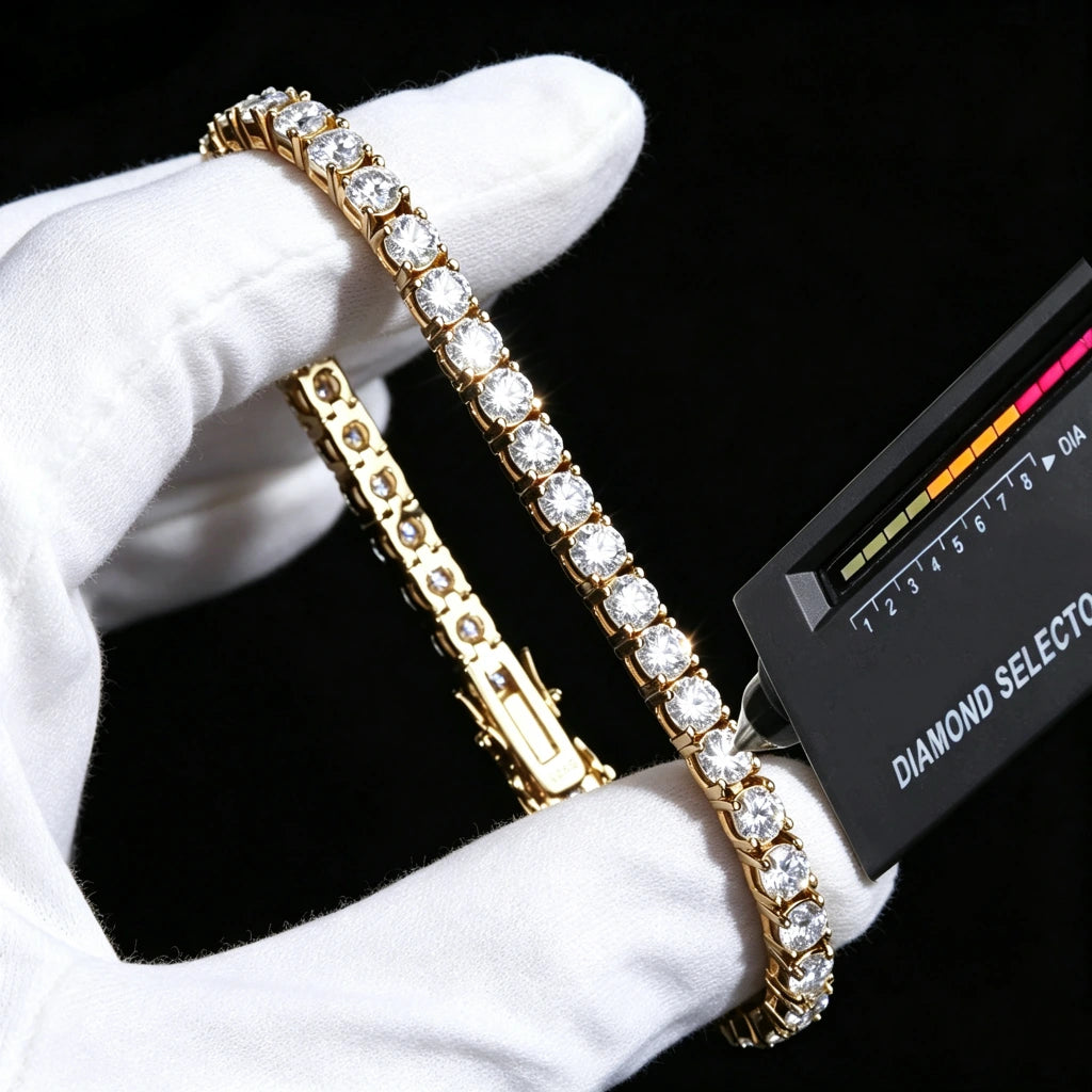4MM round brilliant D color VVS1+ clarity moissanite tennis bracelet, solid S925 sterling silver base with thick 18K gold plating, hand prong set clear moissanite stones showing bright white sparkle and rainbow fire shine, verified with professional diamond selector tester against dark luxury background, hip hop unisex iced out bling bracelet for men and women, 7 inch and 8 inch wrist size options, ideal for streetwear layering and luxury gift giving, RDRIP JEWELRY since 2016 lifetime warranty fine hip hop 