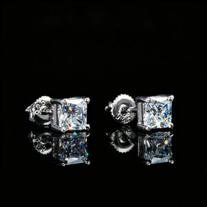 4mm Princess Cut Cubic Zirconia Solitaire Stud Earrings, four prong square CZ stud earrings with secure screw back, unisex everyday hip hop jewelry

